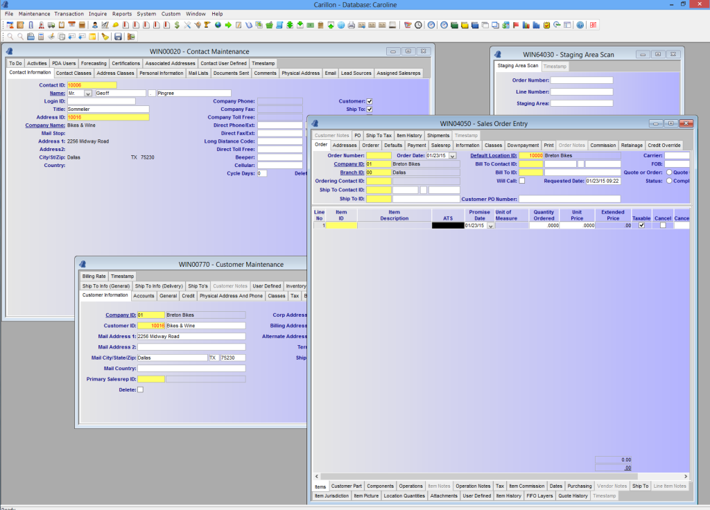 Multiple Document Interface in Carillon ERP — multiple windows open at once